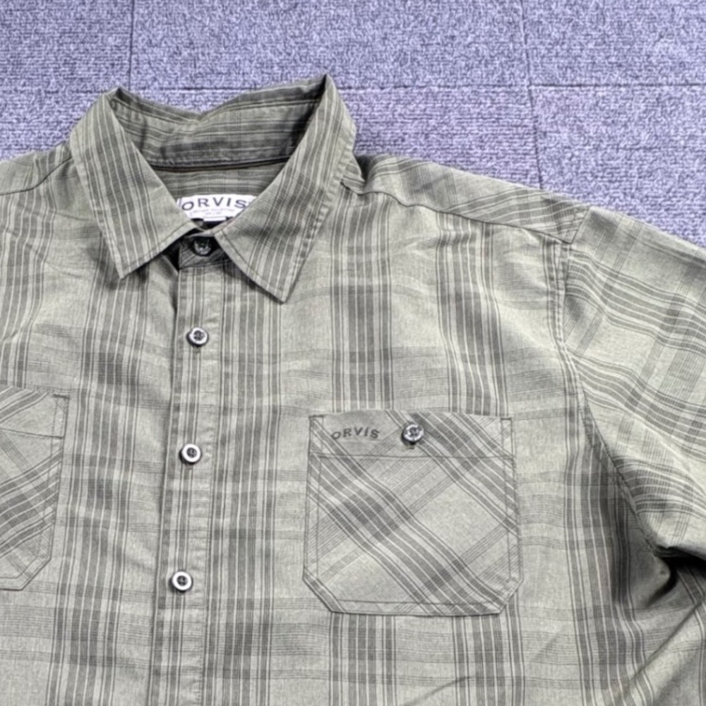 Orvis Mens XXL Olive Green Plaid Short Sleeve Button Down Fishing Hiking Shirt